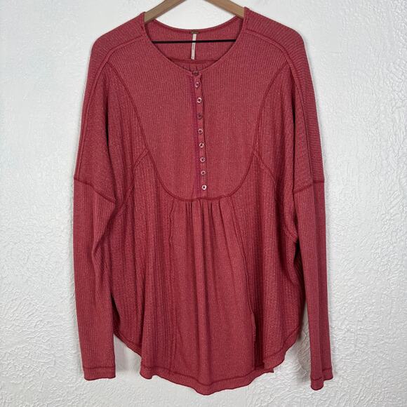Free People Leo Henley Waffle Knit Long Sleeve Tee Size Medium - Picture 1 of 4